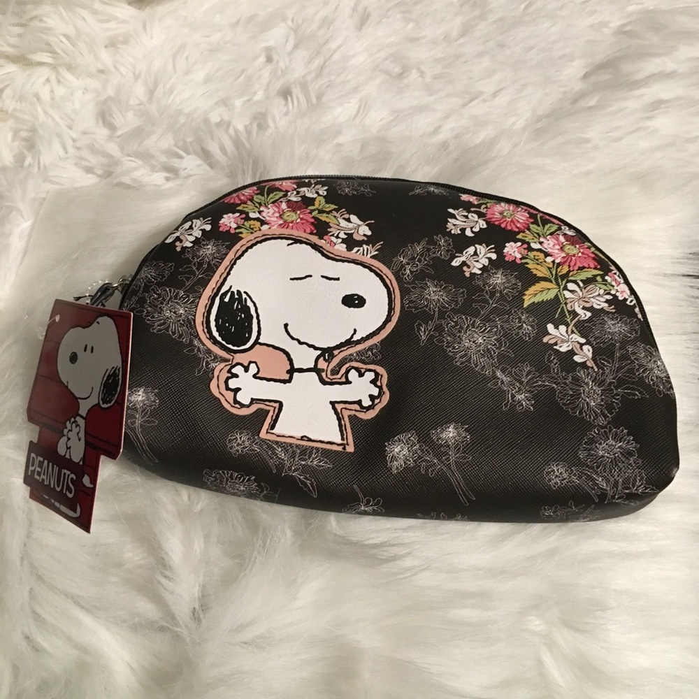 Peanuts Snoopy Floral Black Cosmetic Bag with Pink Accents